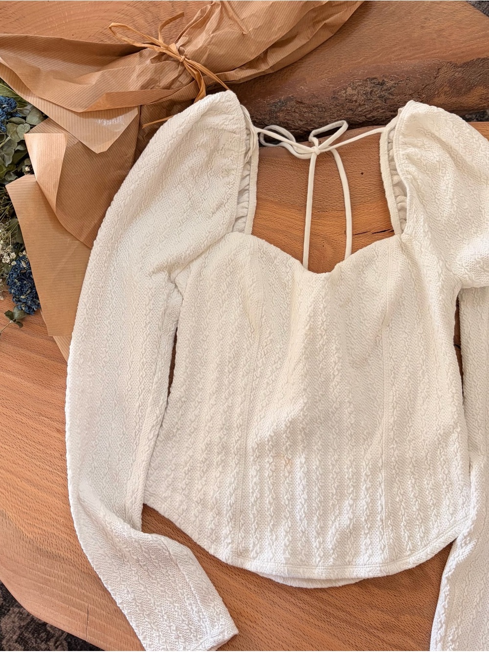Free People Brittany Cream Textured Puff-Sleeve Sweetheart Top